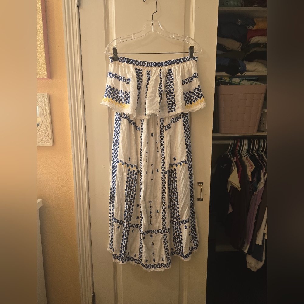 Free People Strapless Midi Dress White With Blue And Yellow Embroidery